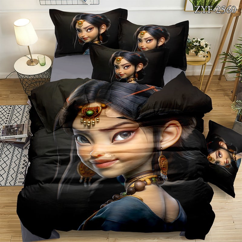 7D Digital Printed Bed Sheet Set With Animated Ethnic Girl Portrait Theme