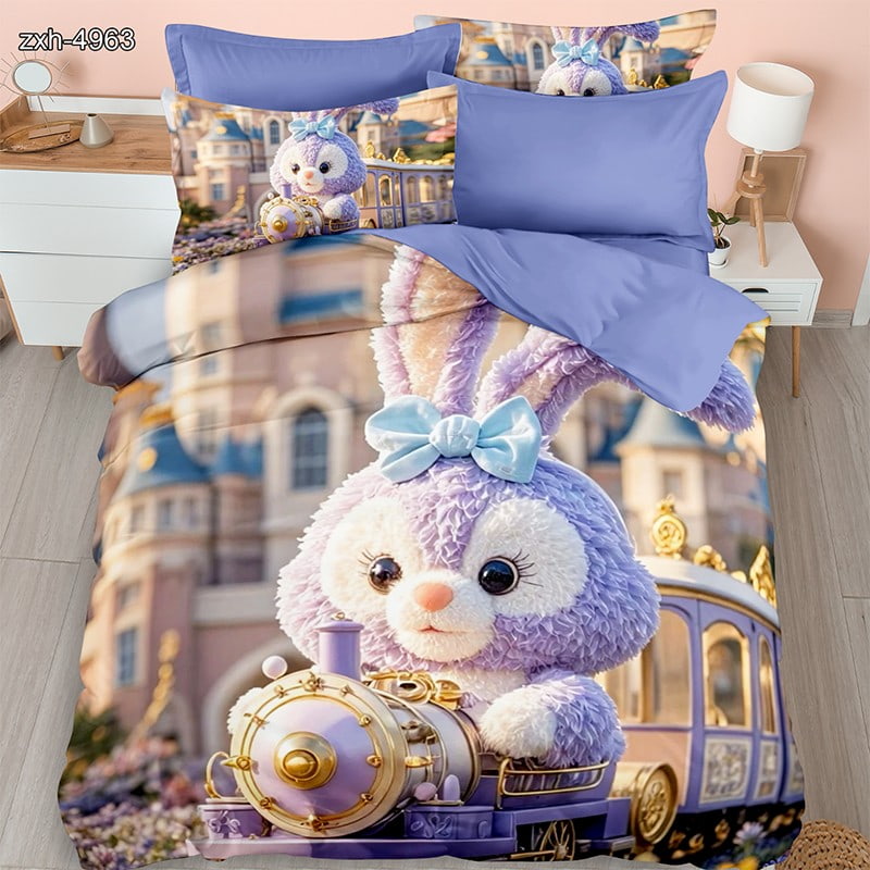 7D Digital Printed Bed Sheet Set With Adorable Bunny And Toy Train Theme