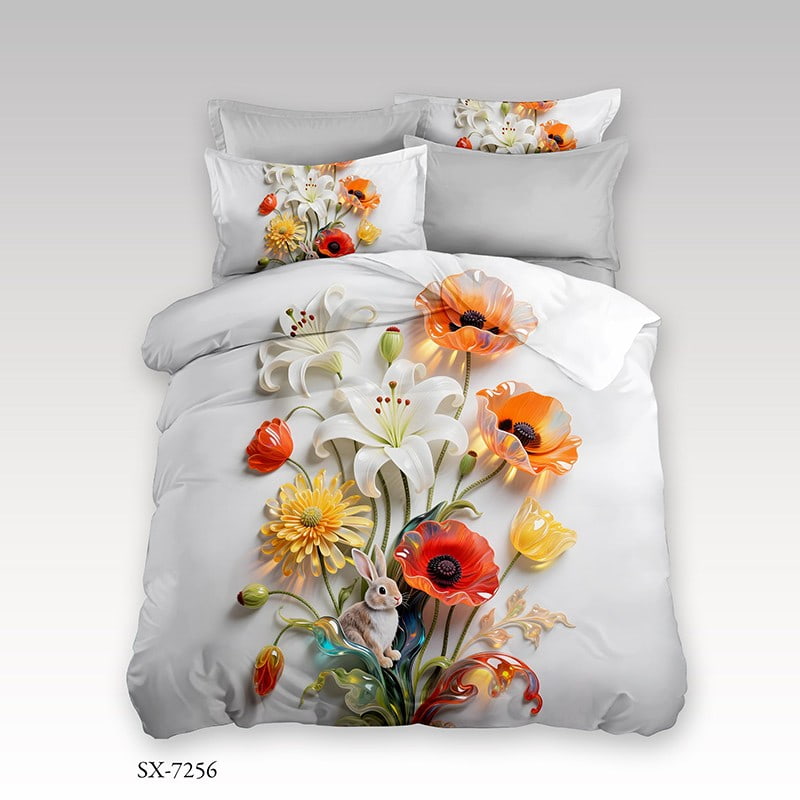 7D Digital Printed Bed Sheet Set with Vibrant Floral Bouquet and Rabbit