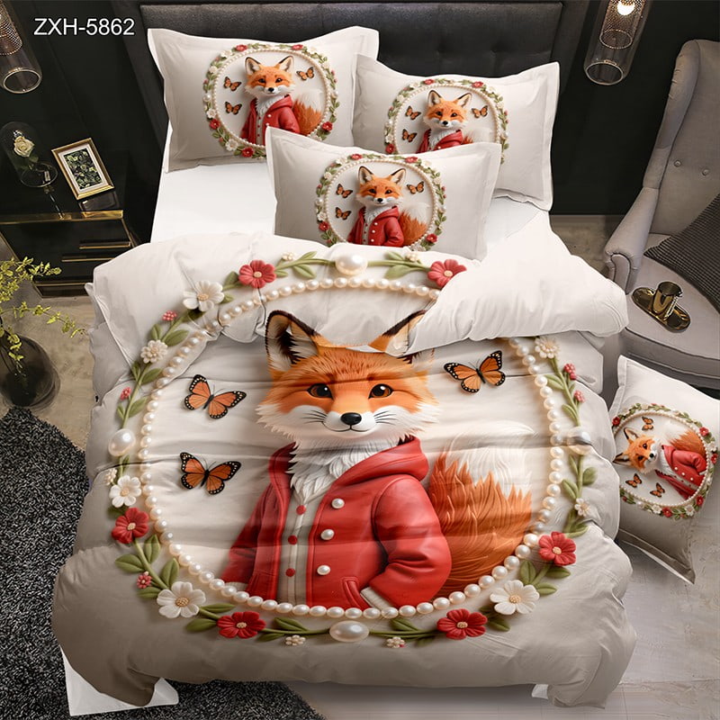 5D Digital Printed Bed Sheet Set with a Fox in a Red Jacket surrounded by Pearls and Flowers