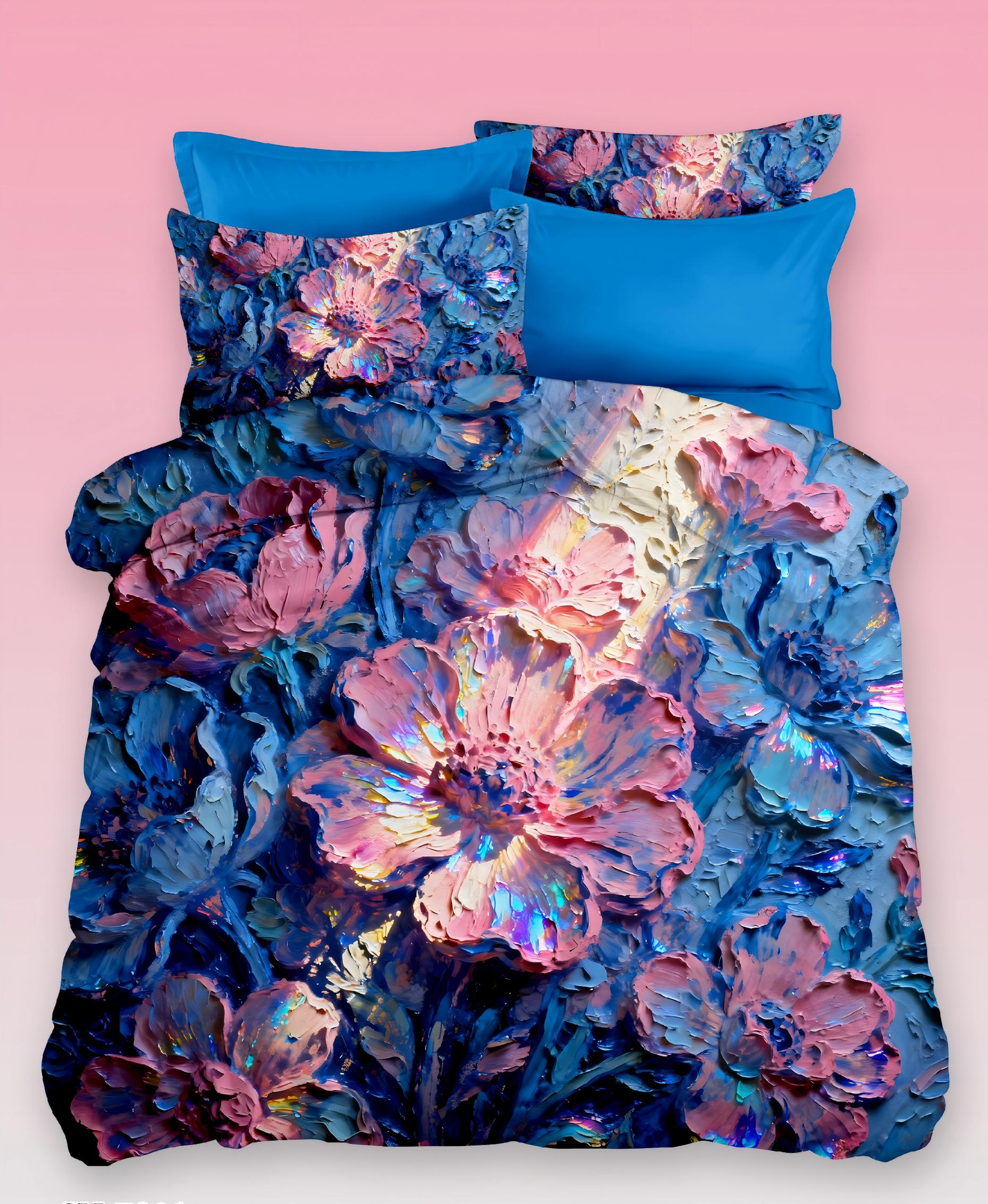 5D Oil Painting Style Digital Print Bedding Set-Pink & Blue Floral‌