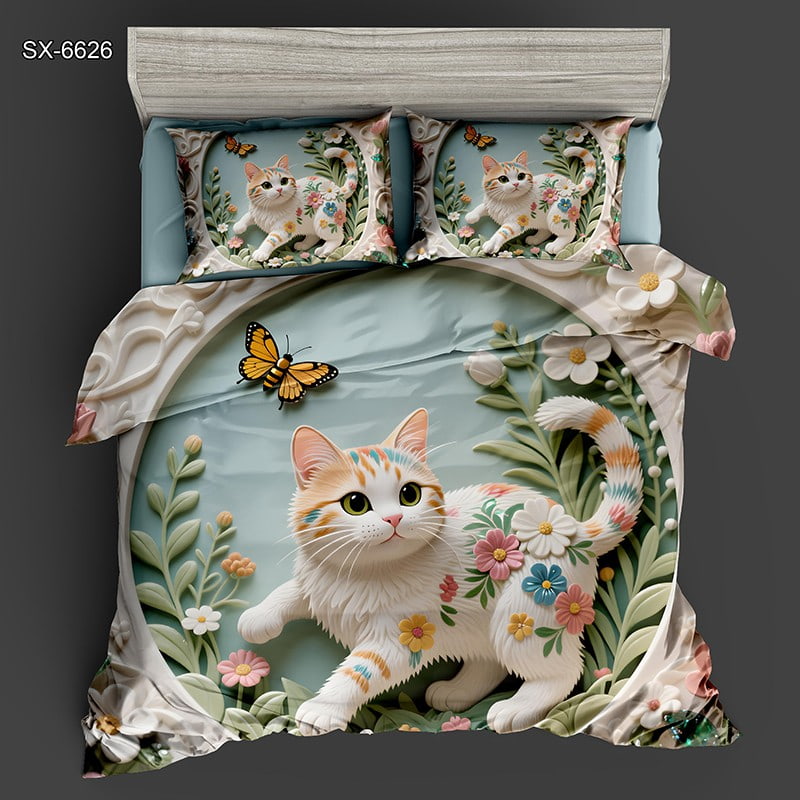 5D Digital Printed Bed Sheet Set with a Playful Cat and Floral Garden