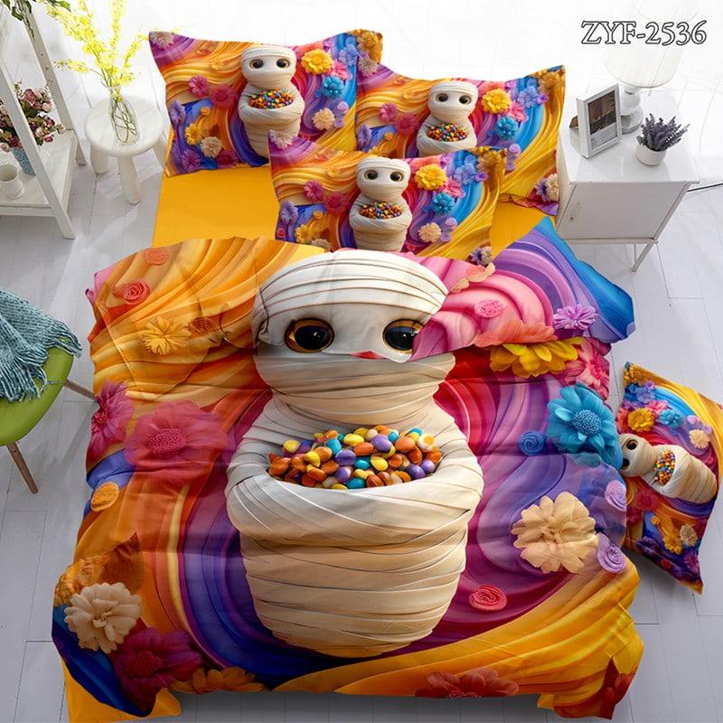 7D Digital Printed Bed Sheet Set with Colorful Mummy and Vibrant Floral Swirl Theme