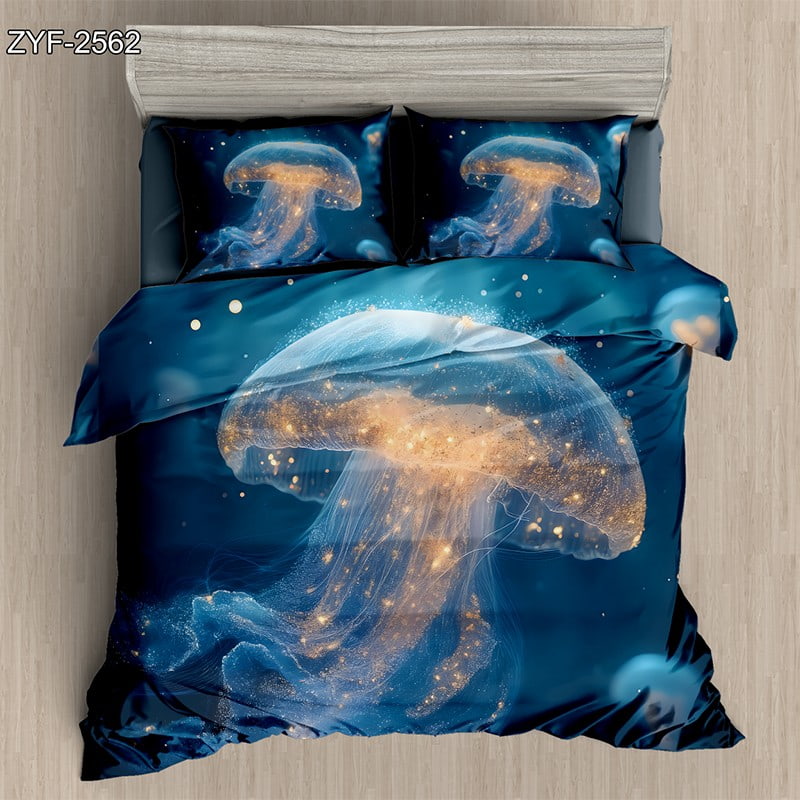7D Digital Printed Bed Sheet Set with Glowing Jellyfish Underwater Theme