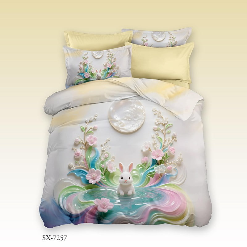 7D Digital Printed Bed Sheet Set with a Cute Bunny in a Colorful Floral Fantasy
