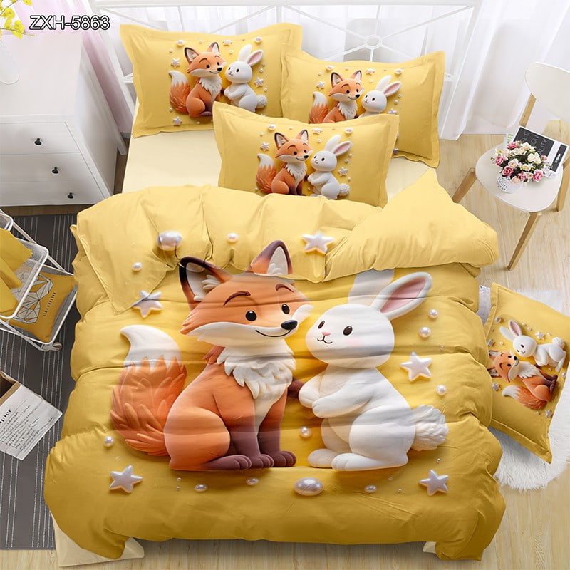 5D Digital Printed Bed Sheet Set with a Cute Fox and Rabbit on Yellow Background