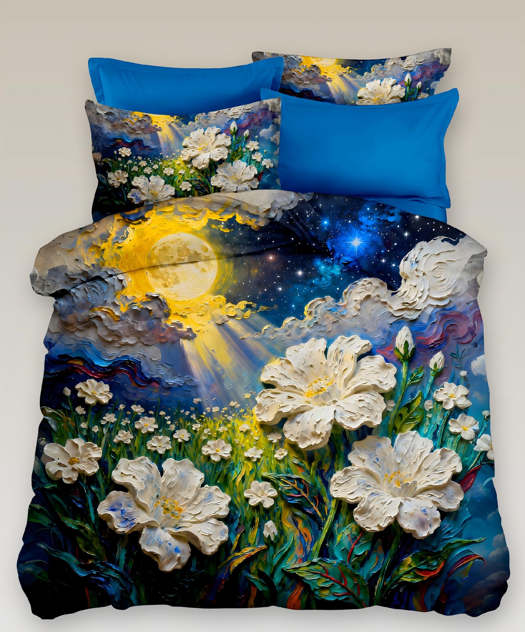 5D Oil Painting Style Digital Print Bedding Set-Moonlit Garden with White Flowers‌