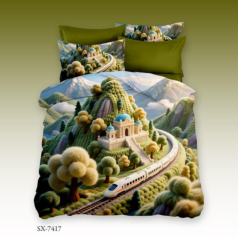 5D Digital Printed Bed Sheet Set with a Scenic Mountain Train Journey and Fantasy Castle