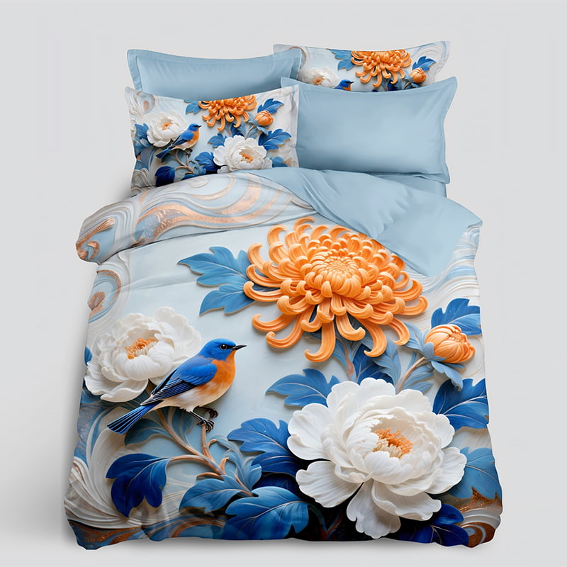 5D Floral Digital Print Bedding Set - ‌Bluebird & Floral Garden