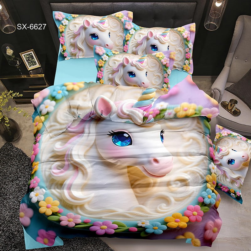5D Digital Printed Bed Sheet Set with a Cute Unicorn Surrounded by Colorful Flowers