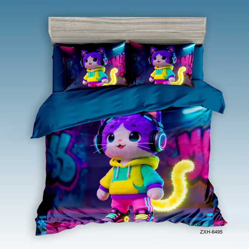 7D Digital Printed Bed Sheet Set with Neon Cartoon Cat DJ Theme