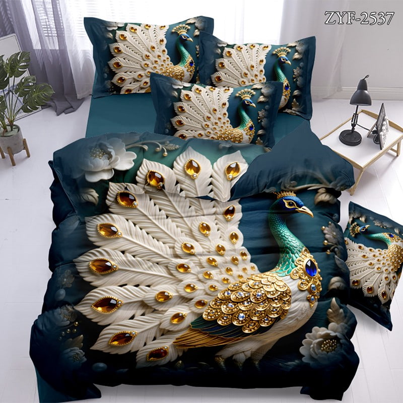 7D Digital Printed Bed Sheet Set with Elegant Jewel-Encrusted Peacock Theme