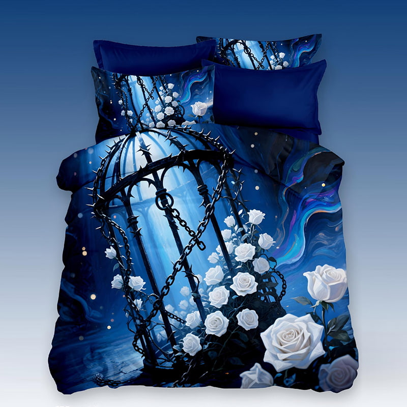 5D Floral Digital Print Bedding Set - ‌White Roses in the Thorned Cage