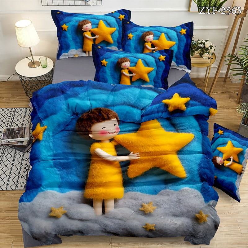 7D Digital Printed Bed Sheet Set With Whimsical Star-Hugging Child Theme