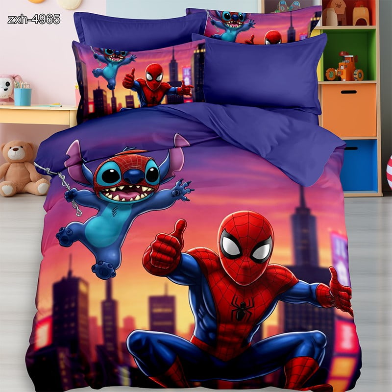 7D Digital Printed Bed Sheet Set With Spider-Man And Stitch Superhero Theme