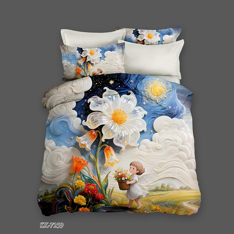 7D Digital Printed Bed Sheet Set with a Whimsical Angel and Giant Flowers under a Starry Sky