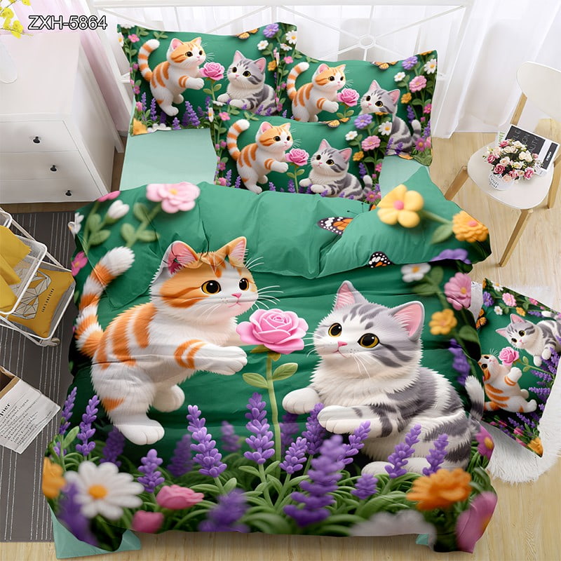 5D Digital Printed Bed Sheet Set with Playful Kittens and Colorful Flowers