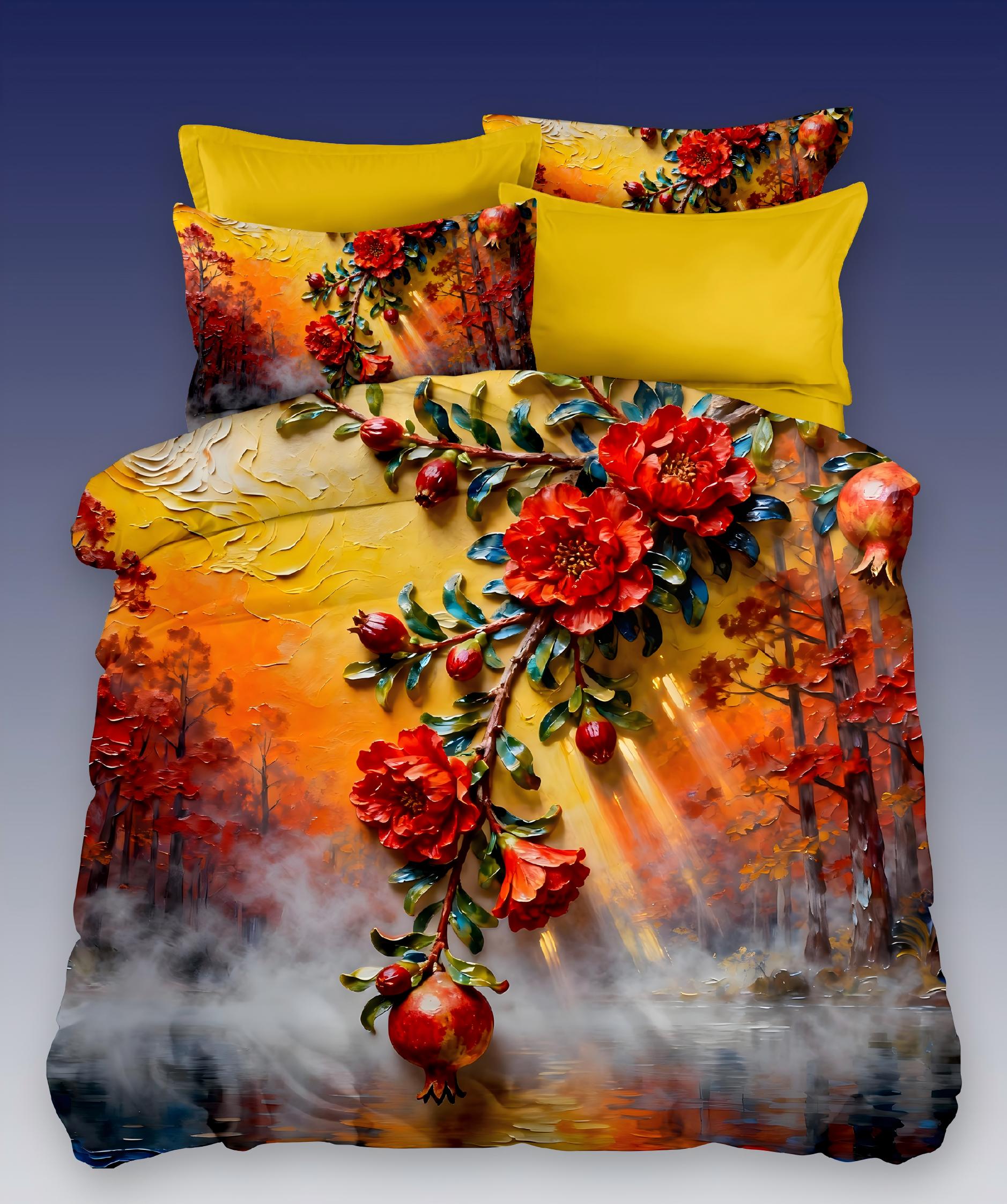 5D Oil Painting Style Digital Print Bedding Set-Autumn Pomegranate & Forest‌
