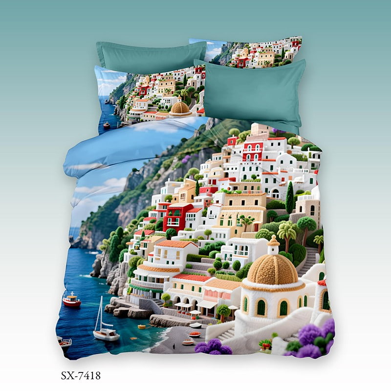 5D Digital Printed Bed Sheet Set with a Vibrant Mediterranean Coastal Village