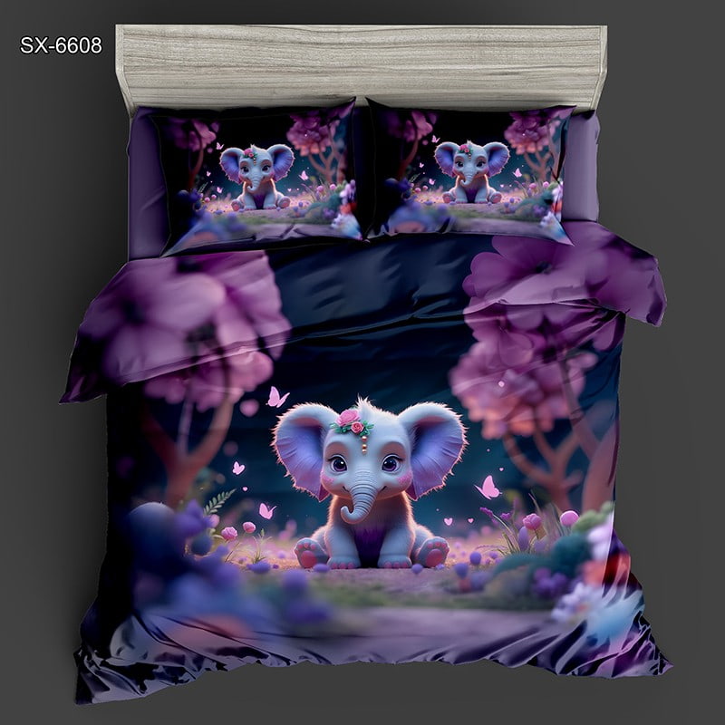 5D Digital Printed Bed Sheet Set with an Adorable Baby Elephant in a Magical Purple Forest