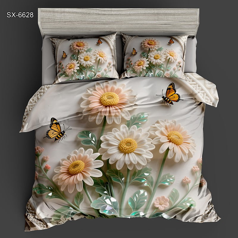 5D Digital Printed Bed Sheet Set with Daisies and Monarch Butterflies