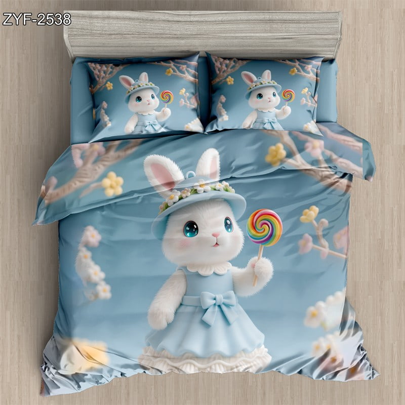 7D Digital Printed Bed Sheet Set with Cute Bunny And Floral Spring Theme