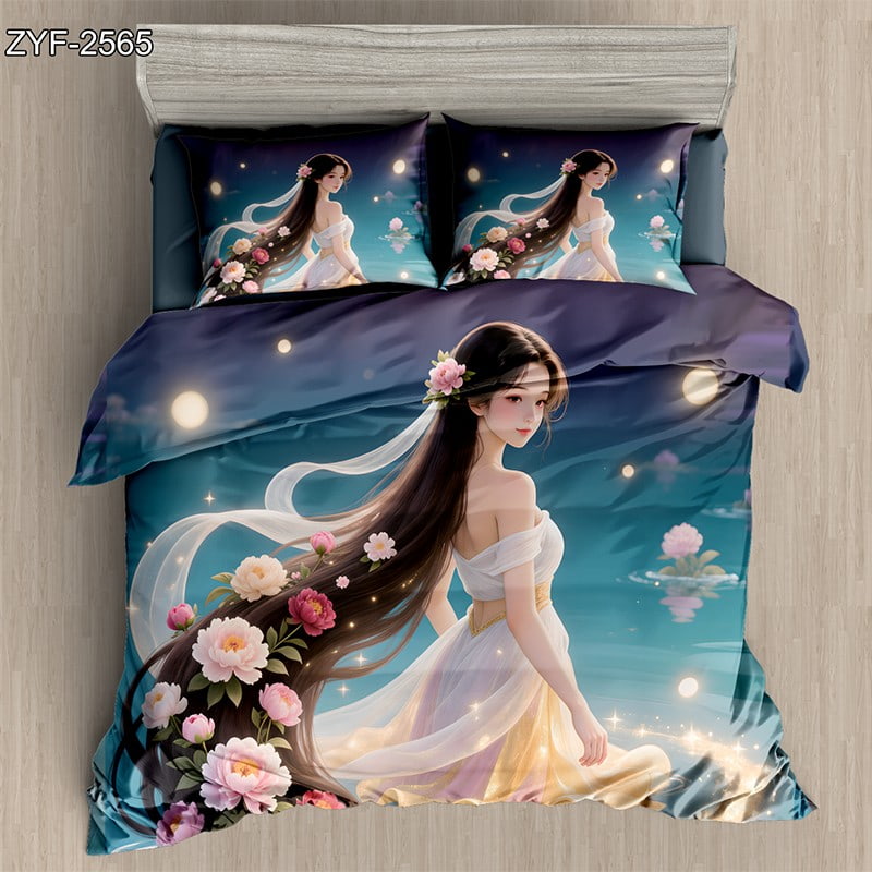 7D Digital Printed Bed Sheet Set With Enchanting Floral Maiden And Moonlit Lake Theme