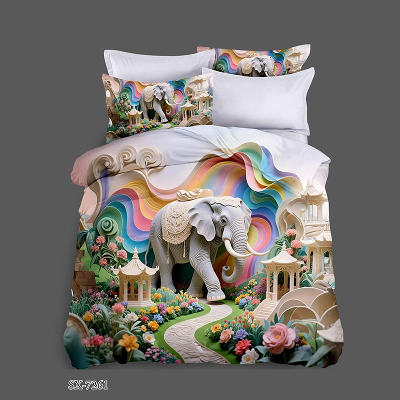 7D Digital Printed Bed Sheet Set with a Majestic Elephant in a Fantasy Garden
