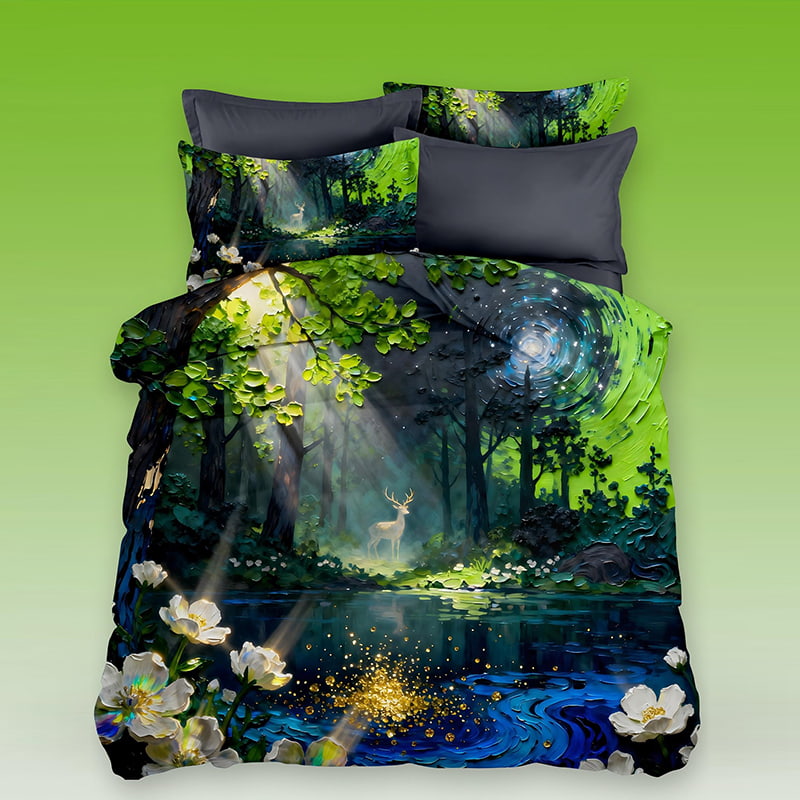 5D Oil-Painting Effect Digital Print Bedding Set -Forest Moonlight