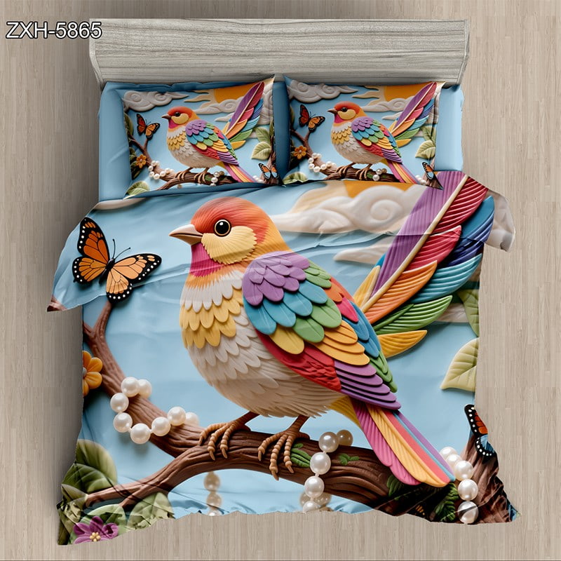 5D Digital Printed Bed Sheet Set with a Colorful Bird and Butterfly on Branch