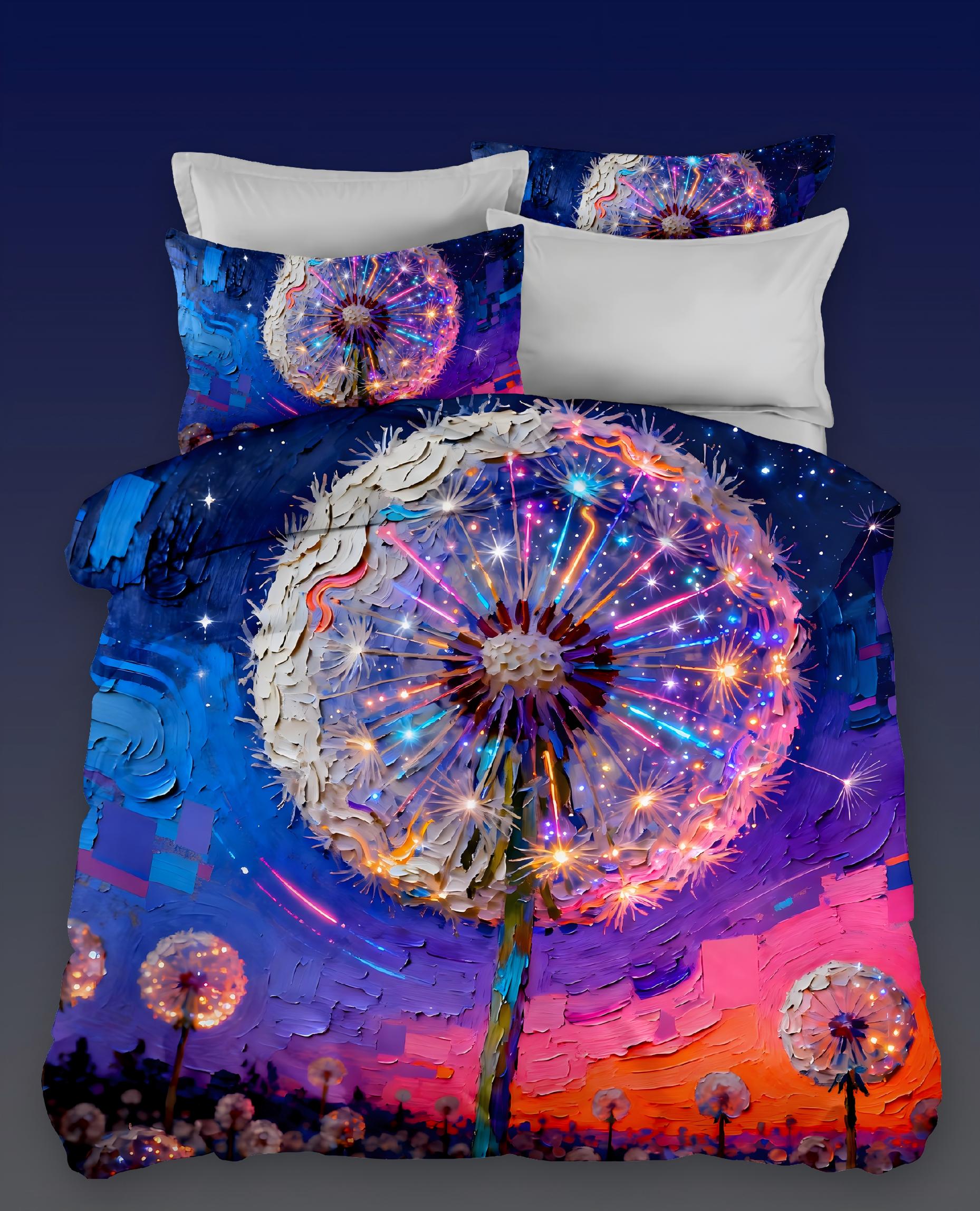 5D Oil Painting Style Digital Print Bedding Set-Magical Dandelion with Starry Sky‌