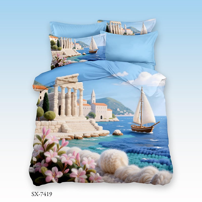 5D Digital Printed Bed Sheet Set with a Serene Mediterranean Coastal Scene