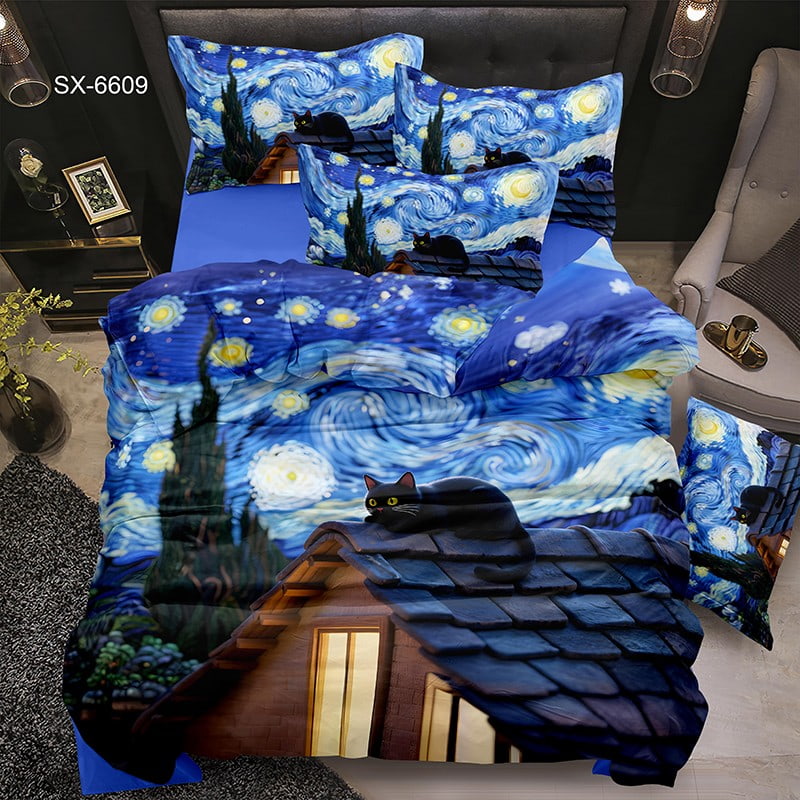 5D Digital Printed Bed Sheet Set with a Starry Night Sky and Black Cat on Rooftop