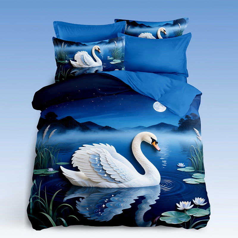 5D Floral Digital Print Bedding Set - ‌Swan & Moonlit Lake
