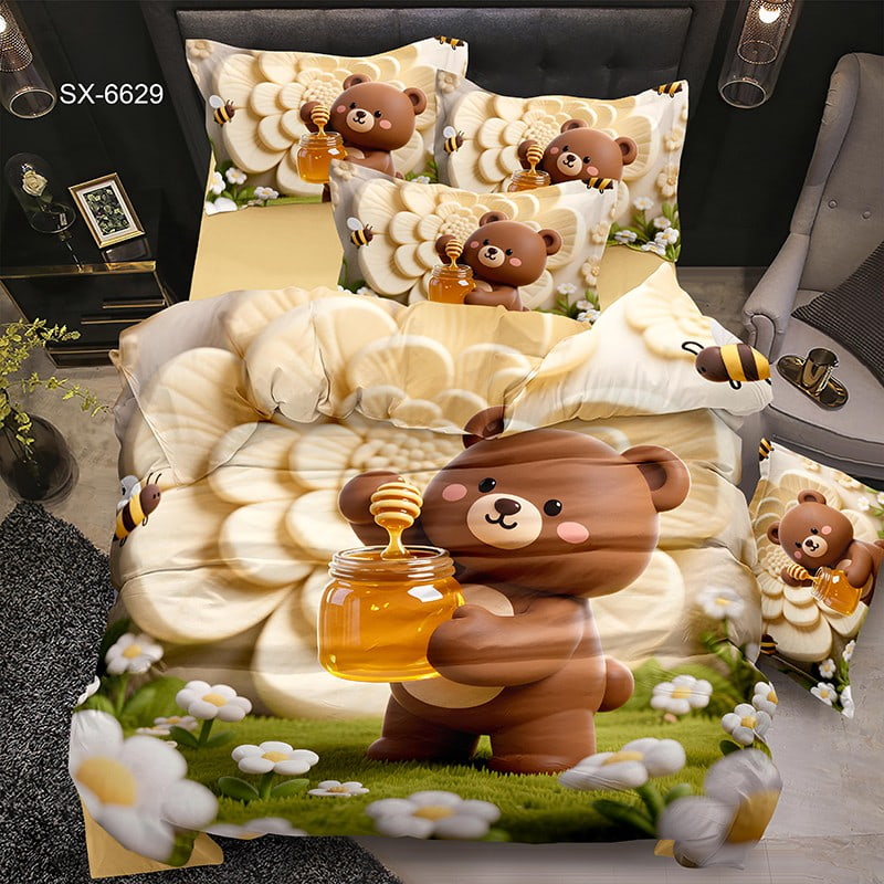 5D Digital Printed Bed Sheet Set with a Cute Bear Holding Honey Jar in a Floral Garden
