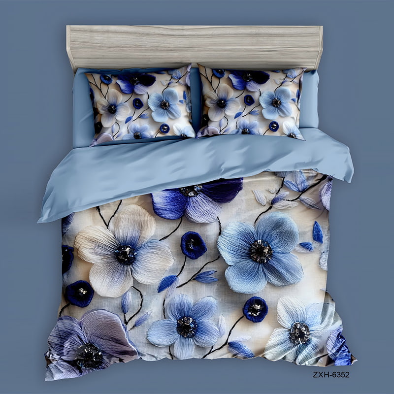5D Floral Digital Print Bedding Set - ‌Blue Gradient Blossom