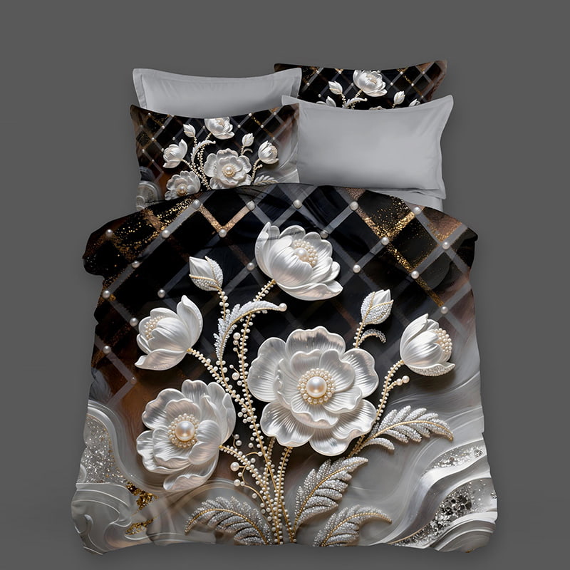 5D Floral Digital Print Bedding Set - ‌Pearl-Embellished White Floral