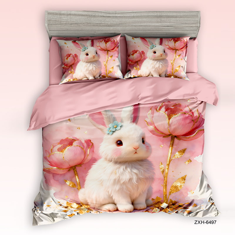 7D Digital Printed Bed Sheet Set with Cute White Bunny and Pink Floral Theme