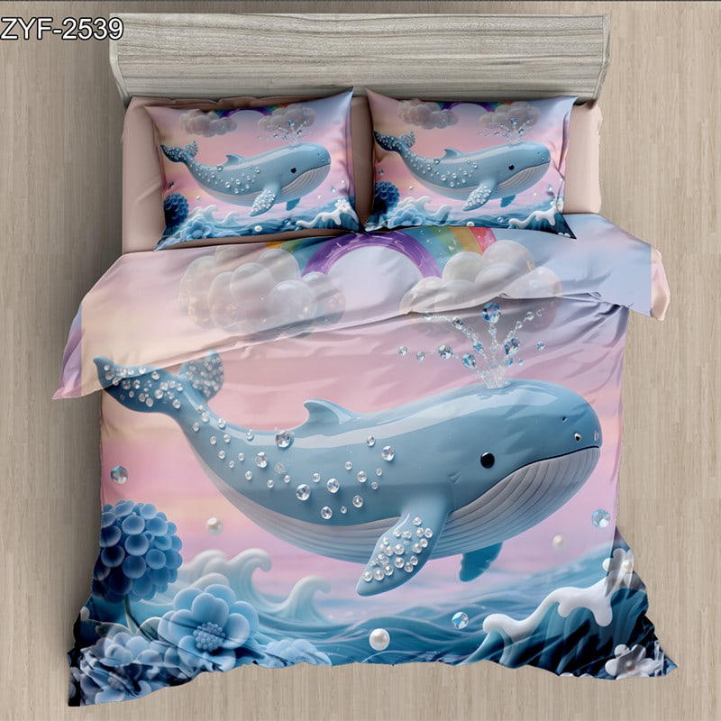 7D Digital Printed Bed Sheet Set with Playful Sparkling Whale And Pastel Ocean Theme