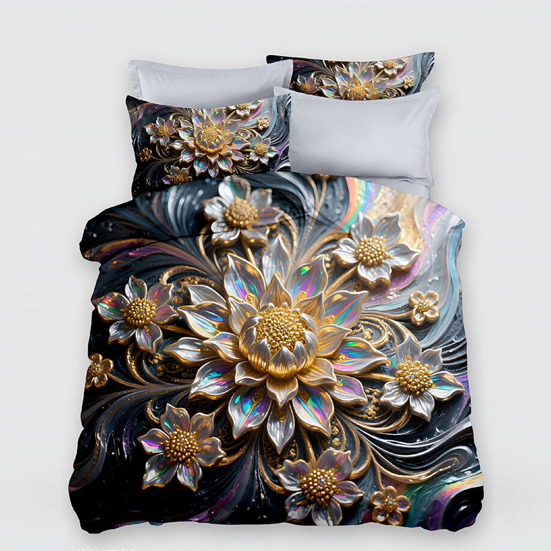 5D Floral Digital Print Bedding Set - ‌Golden Bloom Radiance