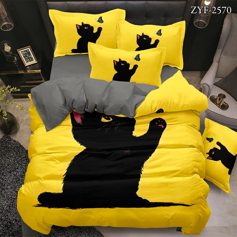 7D Digital Printed Bed Sheet Set With Playful Black Cat And Butterfly Theme