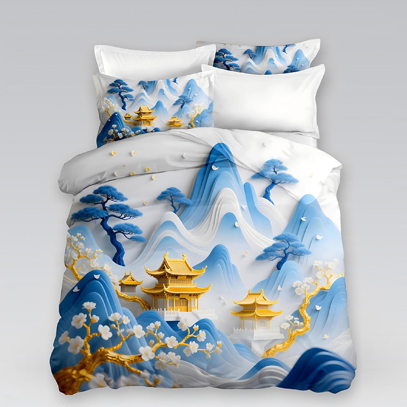 5D Floral Digital Print Bedding Set - ‌Golden Palace in Blue Mountains