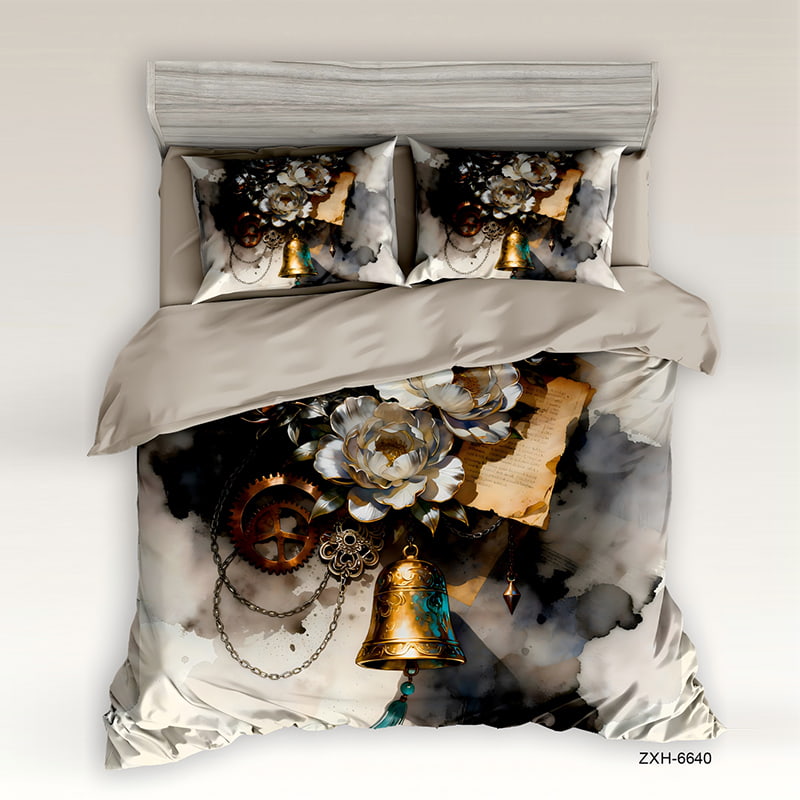5D Floral Digital Print Bedding Set - ‌Golden Bell & Silver Peony