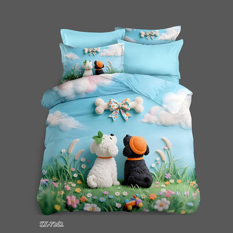 3D Digital Printed Bed Sheet Set with Two Cute Dogs in a Flower Meadow