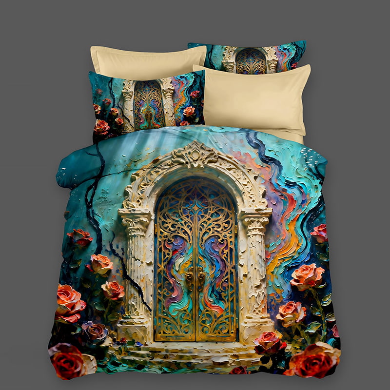 5D Oil-Painting Effect Digital Print Bedding Set -Luxurious Rose & Ornate Door 