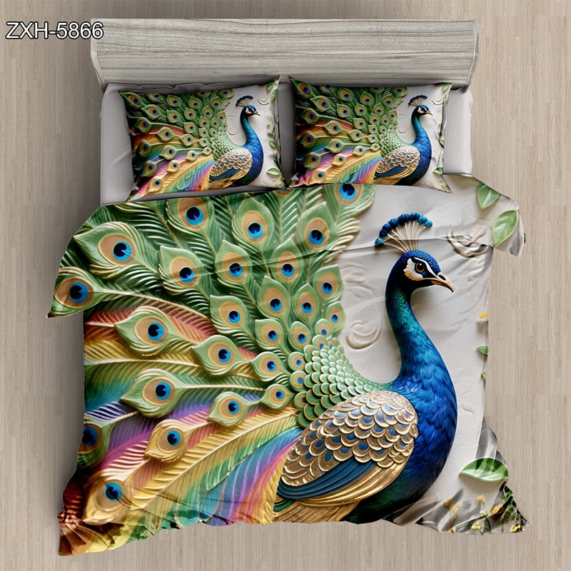 5D Digital Printed Bed Sheet Set with a Majestic Peacock Display