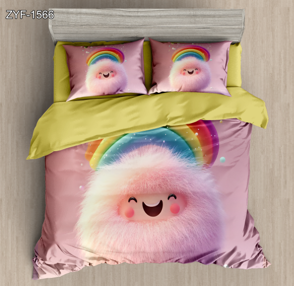 5D Artistic Digital Printed Bed sheet set with a Fluffy Pink Monster Wearing a Rainbow Crown
