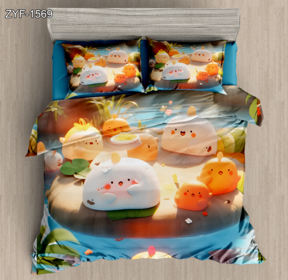 5D Artistic Digital Printed Bed sheet set with a Group of Cute Blob Characters on a Lily Pad