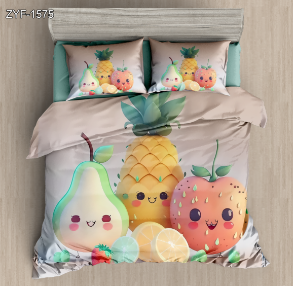5D Artistic Digital Printed Bed sheet set with a Trio of Smiling Cartoon Fruits