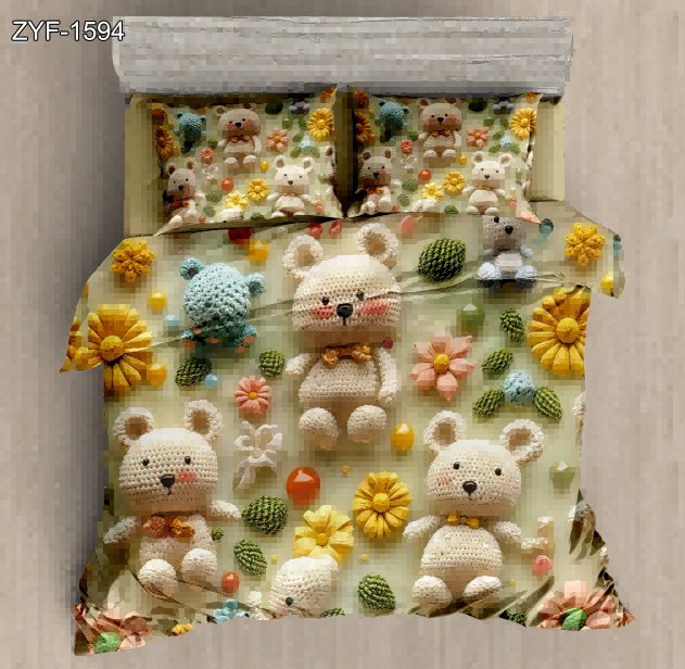 5D Digital Printed Bed sheet set with a Collection of Crocheted Teddy Bears and Garden Flowers